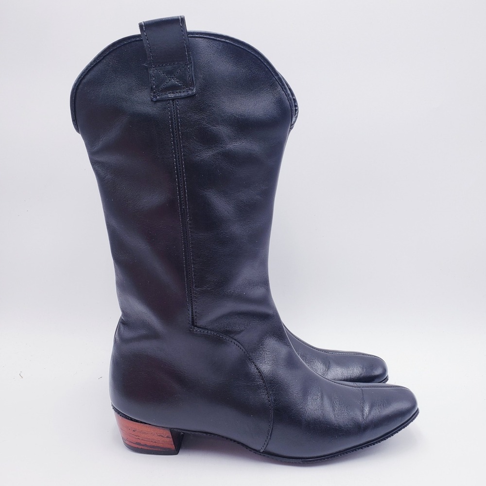 Vintage Kickerino Boots Black Leather Mid Calf Western Pull On Stacked Heel 8
